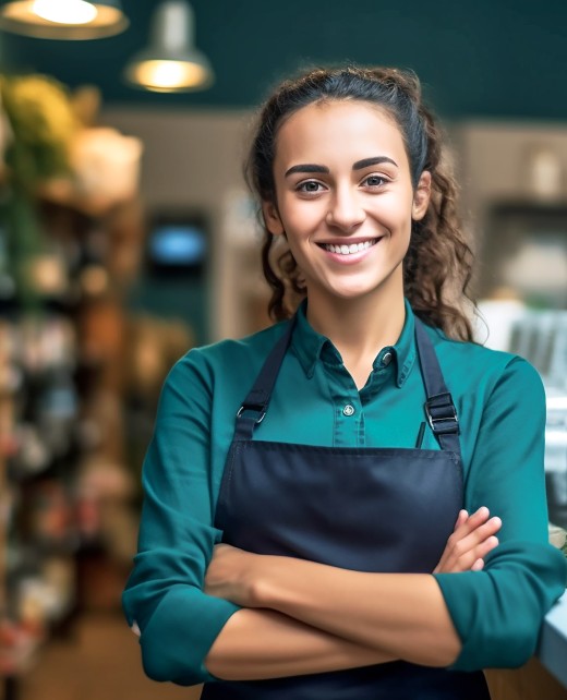 Smiling, young and attractive saleswoman, cashier serving customers. AI generativ.
